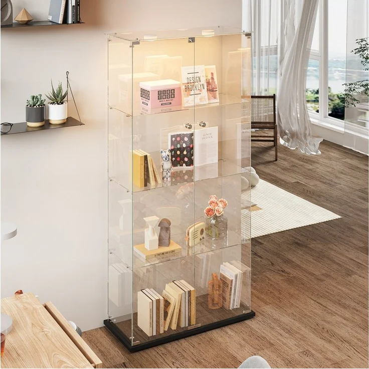 FUROKOY Glasvitrine Standvitrinen, Vitrine aus gehärtetem Glas (Vitrinenschrank mit 2 Glastür und Beleuchtung für Sammler, Bücher) 4 Lagen Sammlervitrine, Schwarz – Bild 2