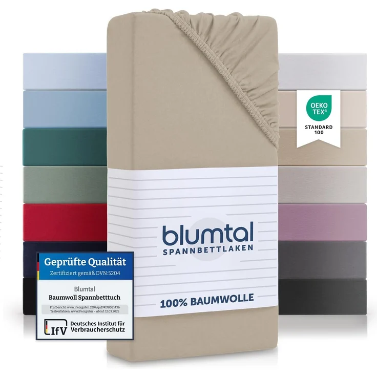 Blumtal® Baumwolle Spannbettlaken 80x200 cm Basics Jersey im 2er Set - Bettlaken 80x200 cm - OEKO-TEX zertifiziertes Spannbetttuch 80x200 cm - Matratzenbezug 80x200 cm - Leintuch - Taupe – Bild 1