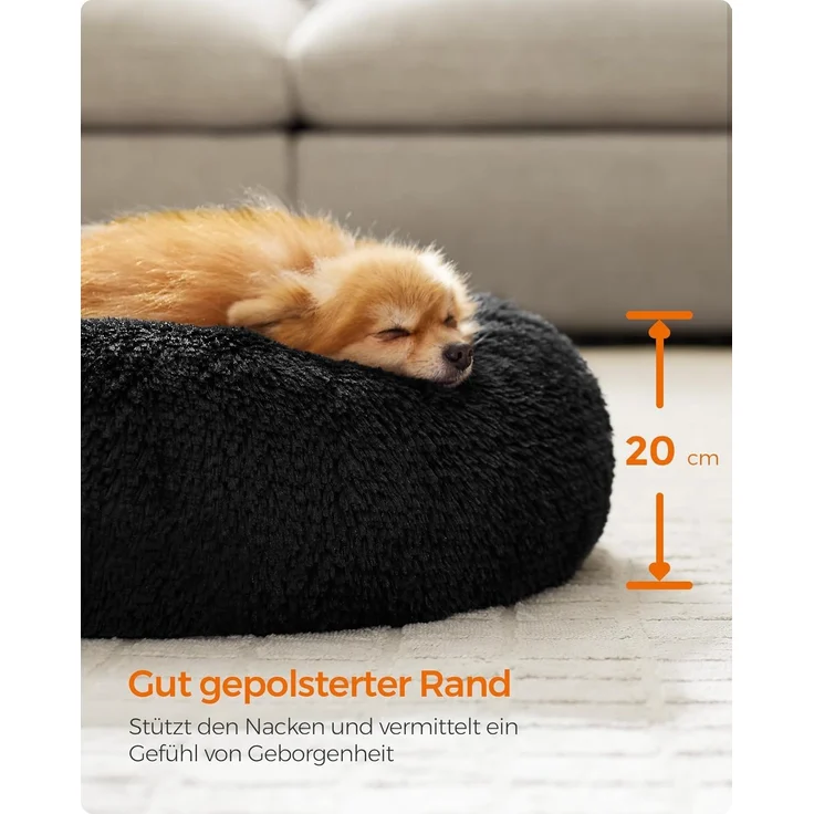 Feandrea Hundebett flauschig, Donut Kissen, waschbar, Polsterung in der Mitte herausnehmbar, Langer Plüsch, tintenschwarz, 60x20 cm – Bild 5