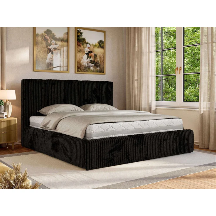Polsterbett SAVINO CLASSIC mit Bettkasten und Lattenrost Doppelbett 180 x 200 cm mit hohem Kopfteil Stauraumbett Bett mit Gasdruckfeder - Schwarz Cord - Pocket Matratze - VIRE LUX – Bild 1
