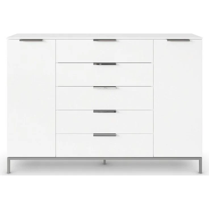 Rauch Möbel Flipp, Kombikommode, Kommode mit Stauraum für Wohnzimmer, Schlafzimmer, Flur, 4 Fachböden, mit Metallkufe chrom, Alpinweiß, 2-türig, 5 Schubkästen, Griffe chrom, 160 x 111 x 42 cm – Bild 4