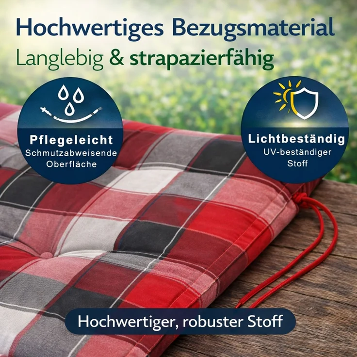 BURI 2x Hochlehner Auflage 120x50x5,5 cm - wetterfeste Gartenstuhlauflage mit Schaumkern & Vollvlies, Halteband & Bindebänder, bequemes Stuhlpolster für Balkon, Terrasse & Garten (Rot/Grau Kariert) – Bild 7