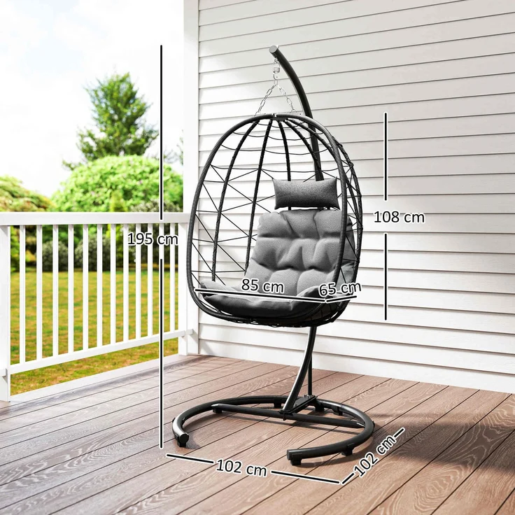 MELAYR, Hängesessel Outdoor Hängesessel Egg Chair, wetterbeständig, inkl. Polster, 102 cm x 102 cm x 195 cm, Schwarz – Bild 5