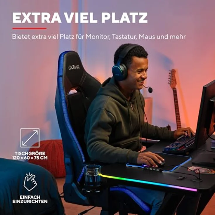 Trust Gaming GXT 709 Luminus RGB Gaming Tisch mit LED Beleuchtung, 10 Modi, USB-Betrieb, Gaming Schreibtisch mit Headset und Getränkehalter, Computertisch 120x60 für Büro, Gamer - Schwarz – Bild 4