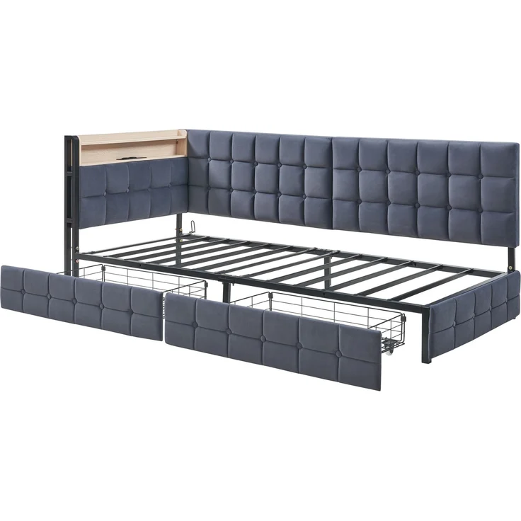 Schlafsofa mit 2 Schubladen, LED & USB-Anschluss, 90x200 cm, Grau, ohne Matratze – Bild 5