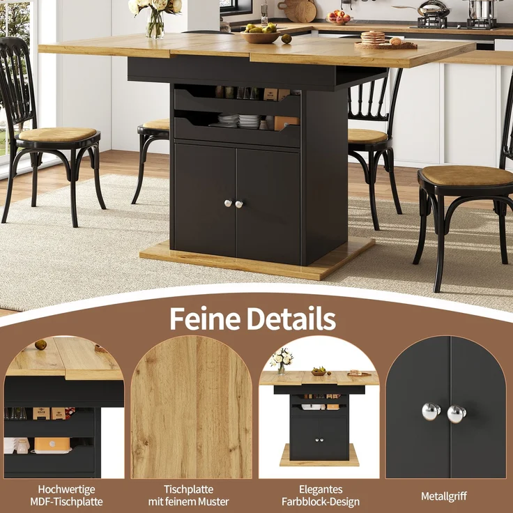 Esstisch Teleskoptisch(110-140×80cm), klappbarer Küchentisch für 4-6 Personen, Ausziehbarer Esstisch ,platzsparender Küchentisch, Tisch mit zwei Schubladen und einem Aufbewahrungsschrank – Bild 5