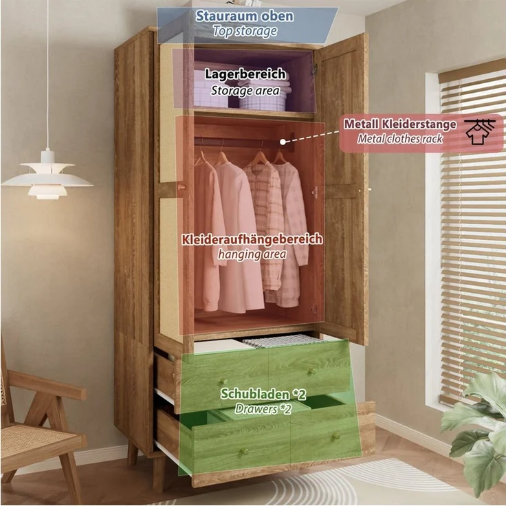 i@home Kleiderschrank Mehrzweckschrank,Garderobenschrank,mit Stauraum,80x50x180cm mit Rattan-Design,Kleiderstange,Ablagefächern,2 Schubladen,Braun – Bild 3