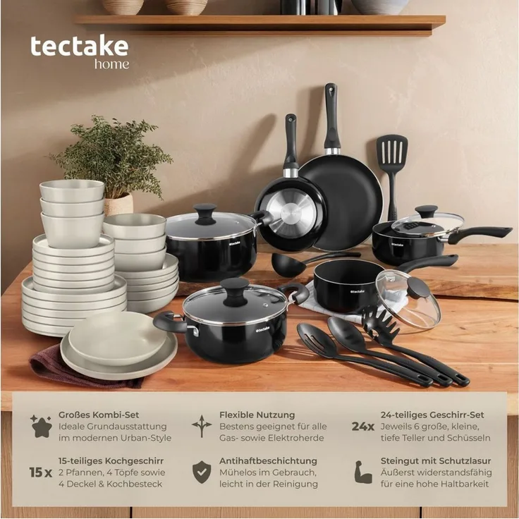 tectake Kochbesteck-Set Küchenstarterset (39-tlg), Geschirrset aus Steingut, mit Glasur
