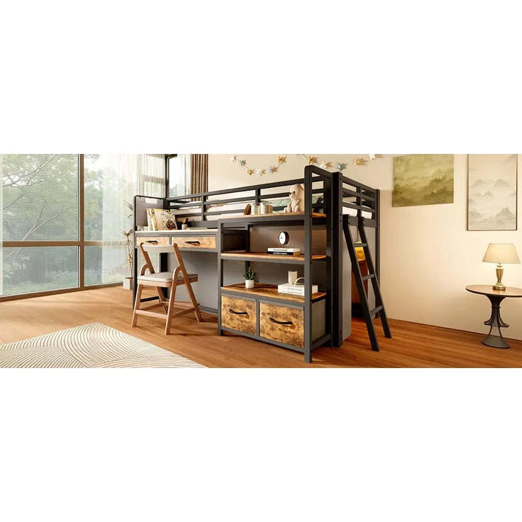ZUBALIYA Hochbett 90x200 cm mit Schreibtisch, Stauraum und Stoffschubladen, Kinderbett aus Metall mit Vorhang, mehrschichtigem Regal und LED-Licht, Schwarz – Bild 13