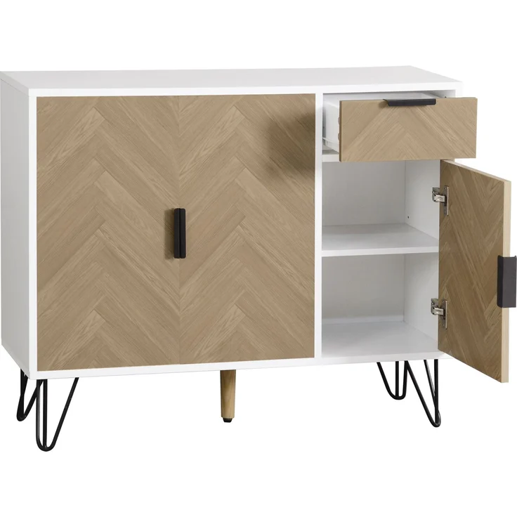 Merax Moderner Aufbewahrungsschrank, Sideboard in Weiß und Holzoptik mit Schublade und höhenverstellbaren Einlegeböden (90 x 30 x 71,5 cm) – Bild 5