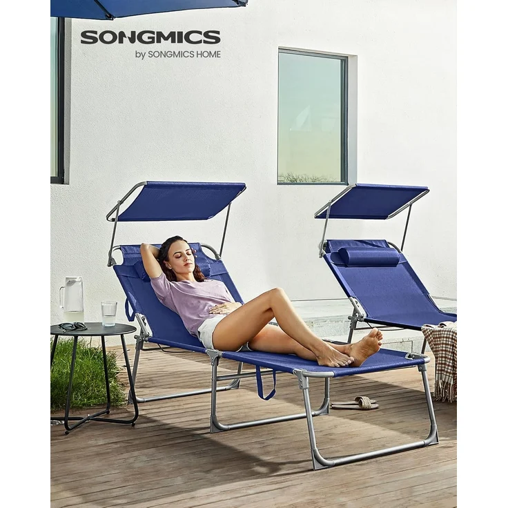 SONGMICS Große Sonnenliege, klappbarer Liegestuhl, 71 x 200 x 38 cm, Belastbarkeit 150 kg, mit Sonnenschutz, Kopfstütze und Verstellbarer Rückenlehne, für Garten Pool Terrasse, dunkelblau GCB22BUV2 – Bild 2