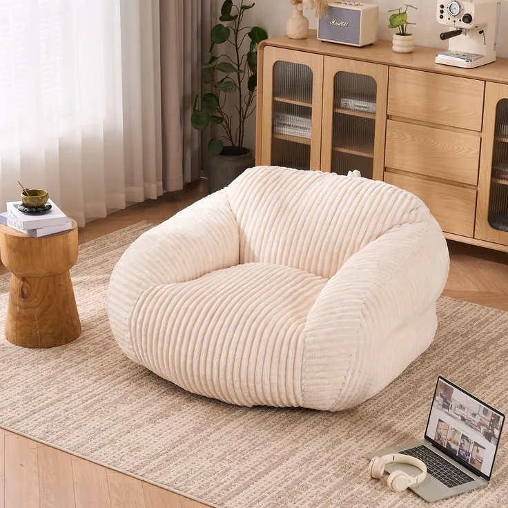 Sitzsack für Erwachsene, flauschiger Loungesessel Cord, vakuumverpackt und montagefrei, für Wohnzimmer, Schlafzimmer, Balkon(Beige)--Beige--116x110x61cm--YOUDENOVA