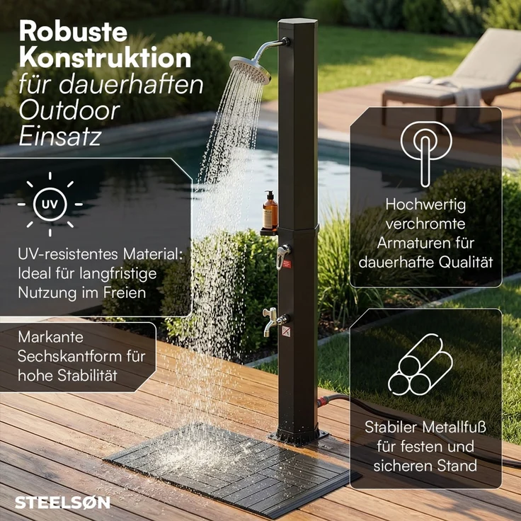 STEELSØN 'Xypher' Solardusche 60L, hexagon, schwarz, warmes Wasser bis 60°C, schwankender Regenduschkopf und Wasserhahn, Gartendusche inkl. Kunststoffboden und Schutzhaube – Bild 5