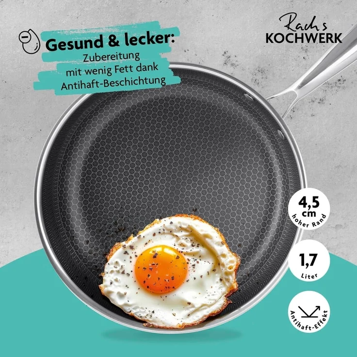 Rachs KOCHWERK Bratpfanne Edelstahl-Pfanne 24cm mit Wabenstruktur, Antihaft-Effekt Induktionsherd Keramik Gas Elektro Infrarot hoher Rand – Bild 4