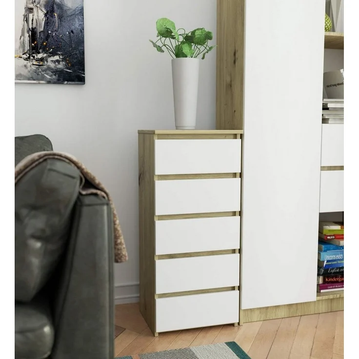 Home Collective Kommode 40 cm breit Holz Highboard Sideboard für Flur Schlafzimmer Wohnzimmer (Mehrzweckschrank Schrank schmal Kommode Schlafzimmer mit Schubladen), Kinderzimmer Organizer, 92 cm hoch mit 5 Schubladen Artisan Eiche weiß – Bild 2