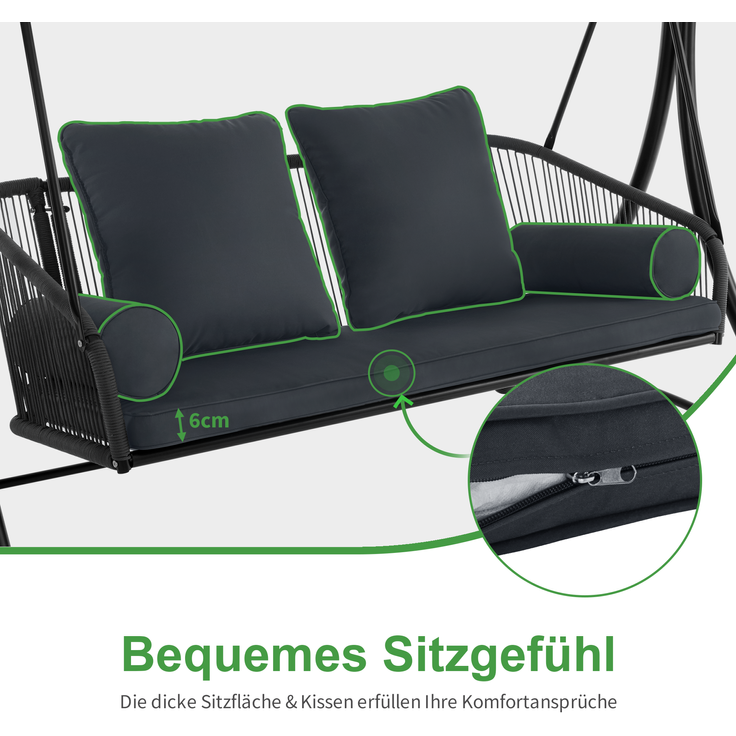 M MCombo Hollywoodschaukel 3-Sitzer, Gartenschaukel mit Verstellbares Sonnendach, Schaukelbank Outdoor, Gartenliege Wetterfest, Sitzbezug Abwaschbar 8026 (Dunkgelgrau) – Bild 4