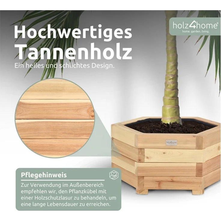 holz4home® Pflanzkübel 6-eckig aus Tannenholz I Outdoor Blumenkübel für Garten Balkon, inkl. Gartenhandschuhe & Vlies – Bild 2