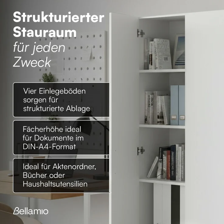 Bellamio 'Apol' Mehrzweckschrank schmal, weiß, 176x33x40 cm, Aktenschrank mit 5 Ablagefächern, Tür beidseitig montierbar – Bild 4