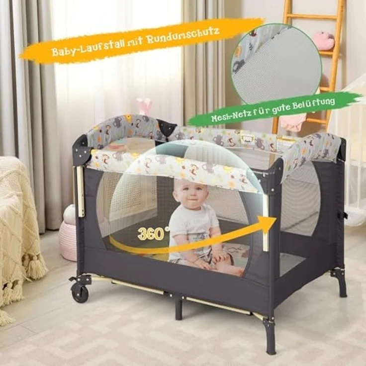 FANTASK 4 in 1 klappbares Reisebett 15 kg belastbar, Beistellbett mit Tragetasch, 2 Ebenen Babybett höhenverstellbar, Matratze & Spieluhr, Wickeltisch & Laufstall, Mobile Stubenwagen – Bild 4
