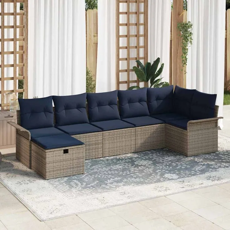 vidaXL Garten-Sofa-Set mit Kissen mit Speicher 7 pcs Grau Poly Rattan 3360236