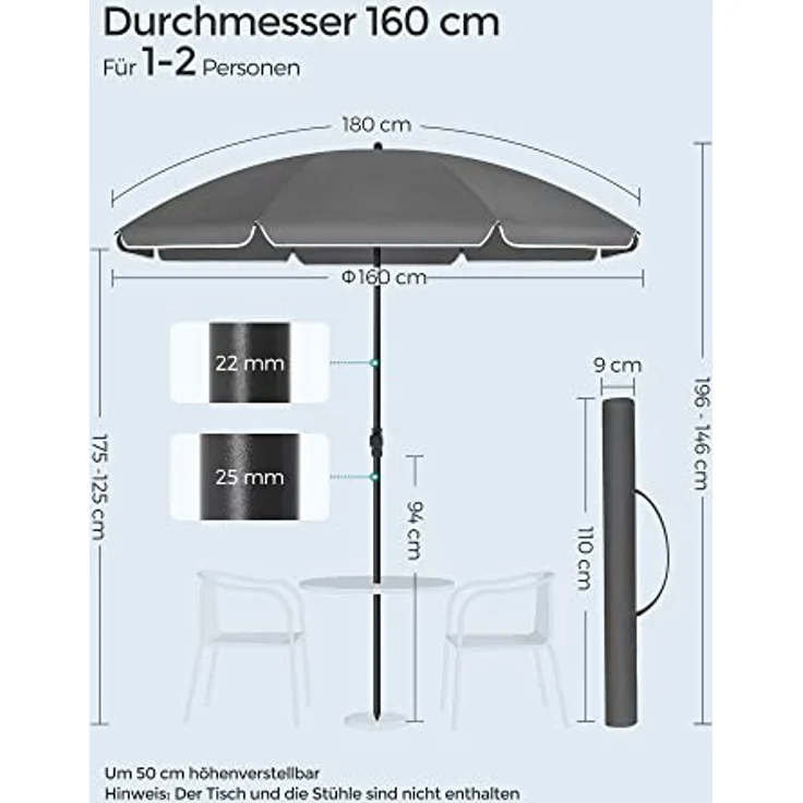 SONGMICS Sonnenschirm 160 cm, Sonnenschutz, UPF 50+, Strandschirm, beidseitig um 30° knickbar, höhenverstellbar, mit Tragetasche, für Balkon, Garten, Terrasse, Strand, ohne Ständer, grau GPU060G01 – Bild 8