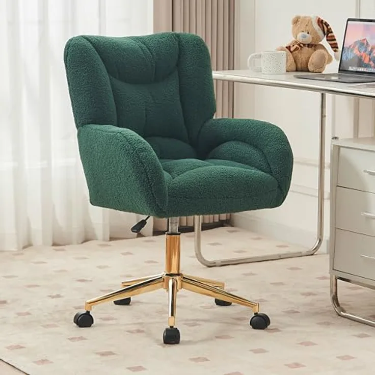 FAVSH Teddy Schreibtischstuhl, Höhenverstellbarer Drehstuhl mit Weichem Teddy-Bezug, Gepolsterter Rückenlehne, Leisen Rollen und Metallgestell, Bürostuhl für Homeoffice und Schminktisch (Grün)