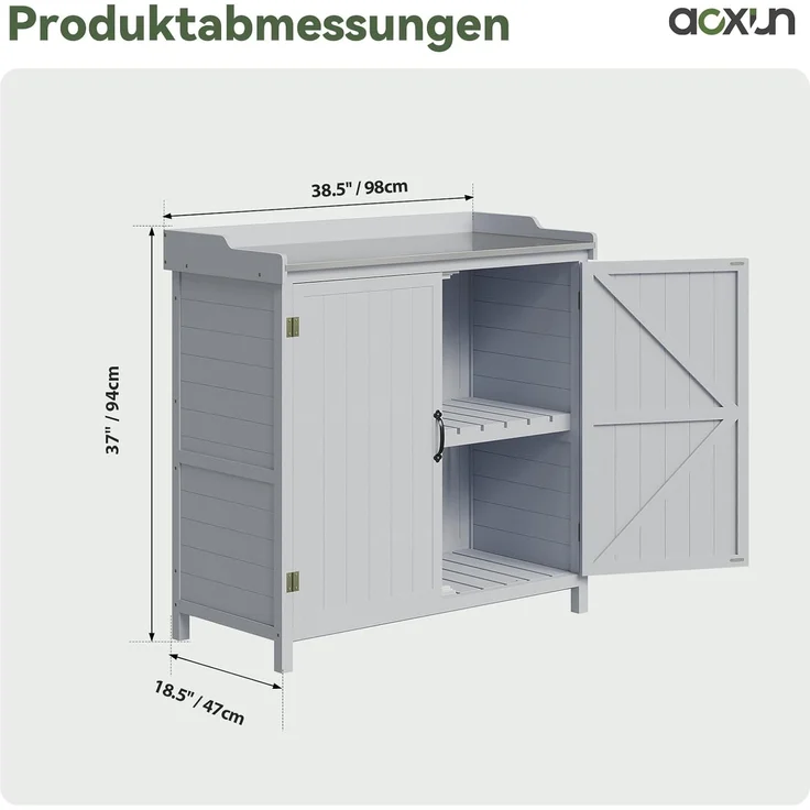Aoxun Gartenlagerhaus aus Holz, Werkzeugschrank mit verzinkter Platte und verstellbarem Regal, Pflanzwerkbank für Gartengeräte, 98 x 47 x 94 cm, Grau – Bild 2