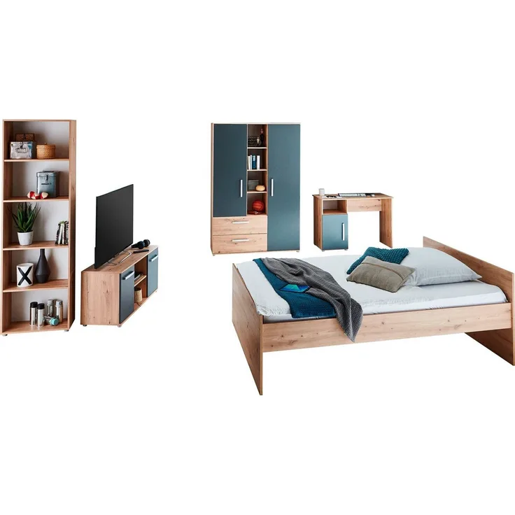 arthur berndt Jugendzimmer-Set Alessio, (Set, 5-tlg, Bett, Kleiderschrank, Schreibtisch, Standregal und TV-Lowboard), mit Melamin-Oberfläche