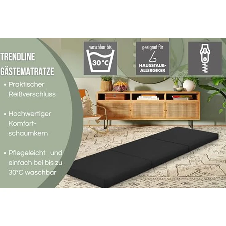Badenia Trendline faltbare Gästematratze, mit Mikrofaserbezug, 196x65 cm Liegefläche, schwarz – Bild 6