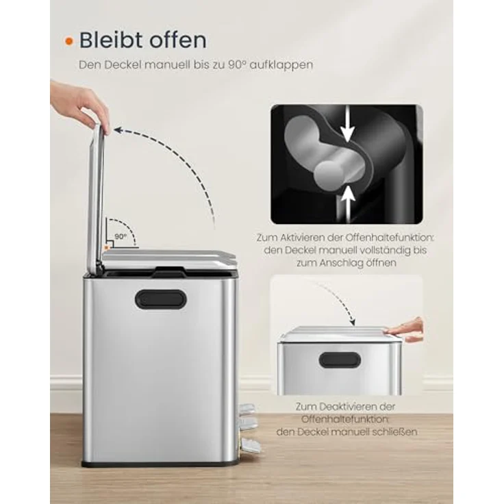 SONGMICS HOME Mülleimer Küche, 3x15 L Fächer, Abfalleimer mit farbcodierbaren Pedalen, Mülltrennsystem, mit Deckeln und Inneneimern, Stahl, metallicsilber LTB740E45V1 – Bild 5