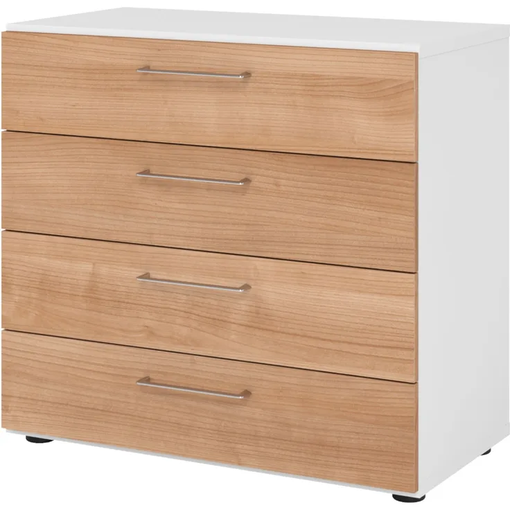 bümö smart Schubladenschrank, Büroschrank 80cm breit in Weiß/Nussbaum mit 4 Schüben - Bürocontainer aus Holz, Container mit Metallgriffen & Soft-Stop Schubladen, 928S4-W-N-BS