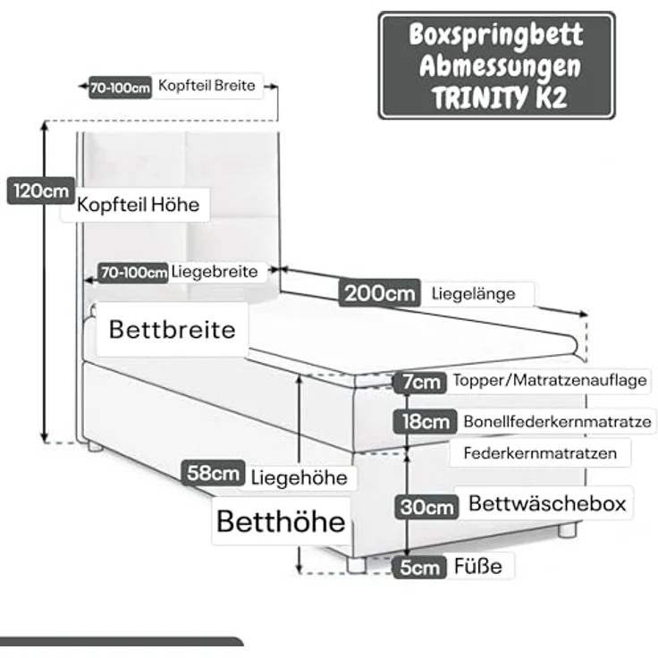 Best For Home Boxbett Trinity K-2, Graphit, Boxspringbett mit Bettkasten, 80x200 cm – Bild 5