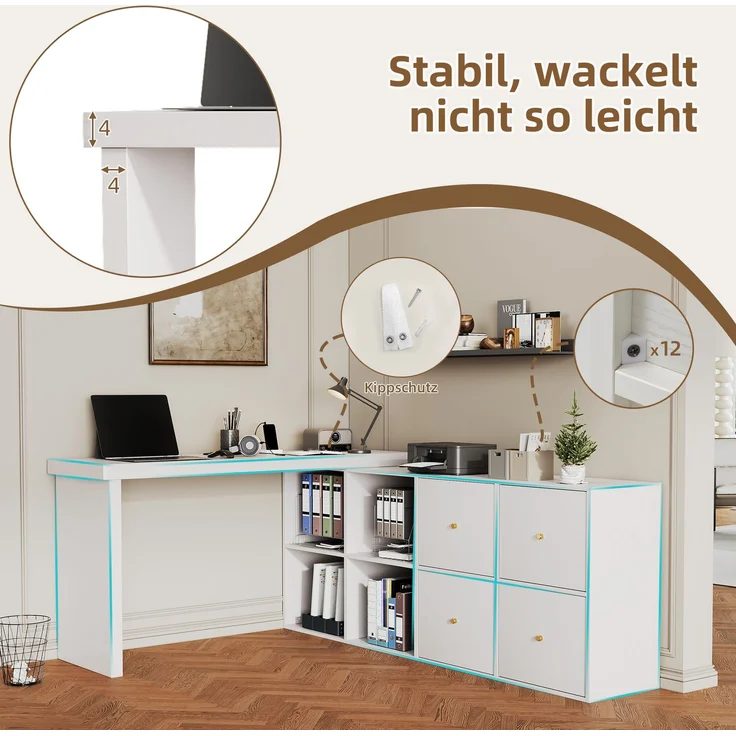 Flieks rechter Ecke 360° Drehschreibtisch, L Eckschreibtisch mit Sideboard, 4 Fächern & 4 Schubladen, 120×48×78 cm + 140×35×73.5 cm, Weiß – Bild 6