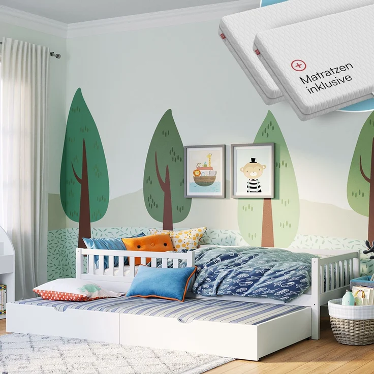 Bellabino 'Vils' Kinderbett 90x200 cm mit Gästebett 90x190 cm und 2 Matratzen, weiß, Kiefer Massivholz, Montessori Bett mit Ausziehbett, mit abnehmbarem Rausfallschutz und Lattenrost – Bild 1