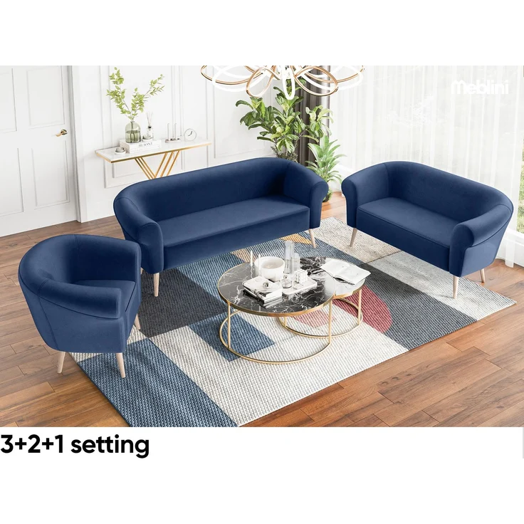 MEBLINI Mini Sofa Set 3-2 für Wohnzimmer - Mini Lounge für fünf Personen - Küchensofa - Sofa Klein - Sitzgarnitur - Polstergarnitur - Sofagarnituren - EMILIA - 3+2 - Blau Samt – Bild 5
