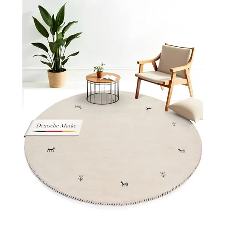 carpetfine 'Gabbeh Uni' Wollteppich, reine Wolle, Weiß, Ø 80 cm – Bild 2