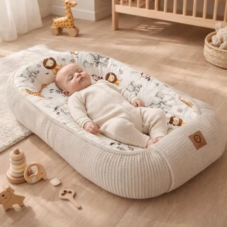Babynest Nestchen Baby Set für Neugeborene – 5-teilig – Kuschelnest aus 100% Baumwolle & Waffelpique – Babykokon tragbar – für Babybett, Kinderbett & Kinderwagen – OEKO-TEX - ZOO und Sand – Bild 2