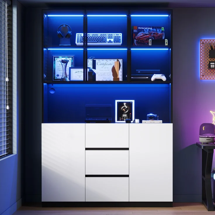 Vitrine 120x40x200 cm in Schwarz mit LED, Glasbereich, 3 Schubladen und 2 Türen – Bild 4