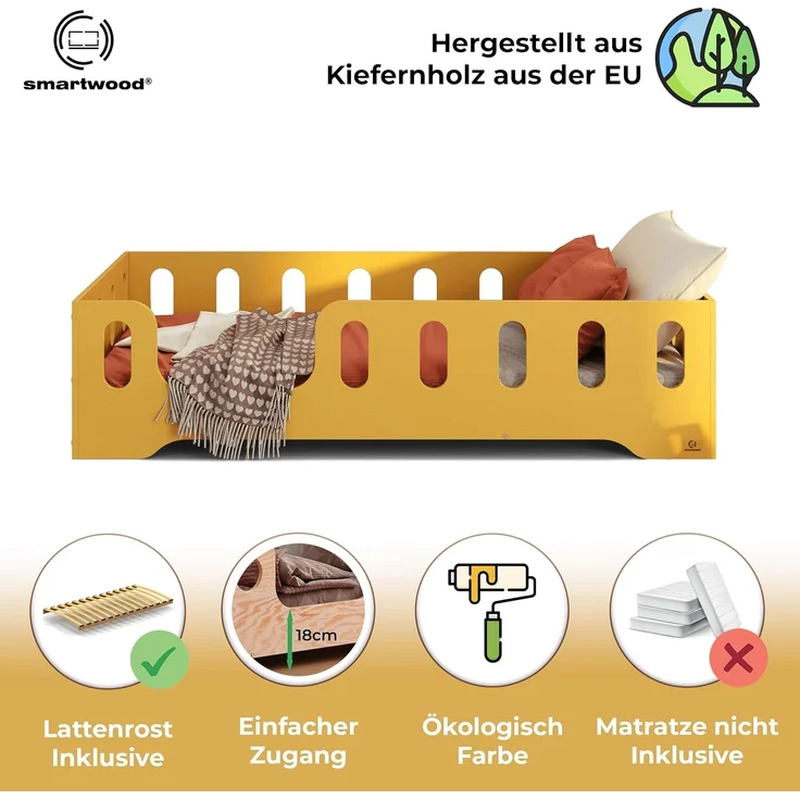 smartwood Kinderbett Bodenbett 80x200 mit Rausfallschutz & Lattenrost - Senfgelb - Kinder Montessori Bett TILA 2L mit glatten Kanten - Betten für schnelle Montage - Bis 230 kg belastbar – Bild 3