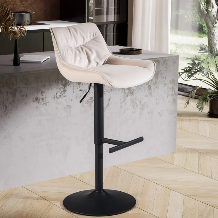 Barhocker Samt Beige mit Lehne höhenverstellbar 86-106cm Metallfuß gepolstert – Bild 2
