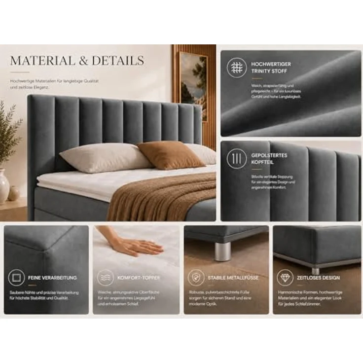 Best for Home Boxspringbett Trinity K-10, Doppelbett mit 2 Bettkästen, 7-Zonen Komfort-Topper, Federkernmatratze, gepolstertes Kopfteil, Graphit, verschiedene Größen 140x200 bis 200x200 cm – Bild 6
