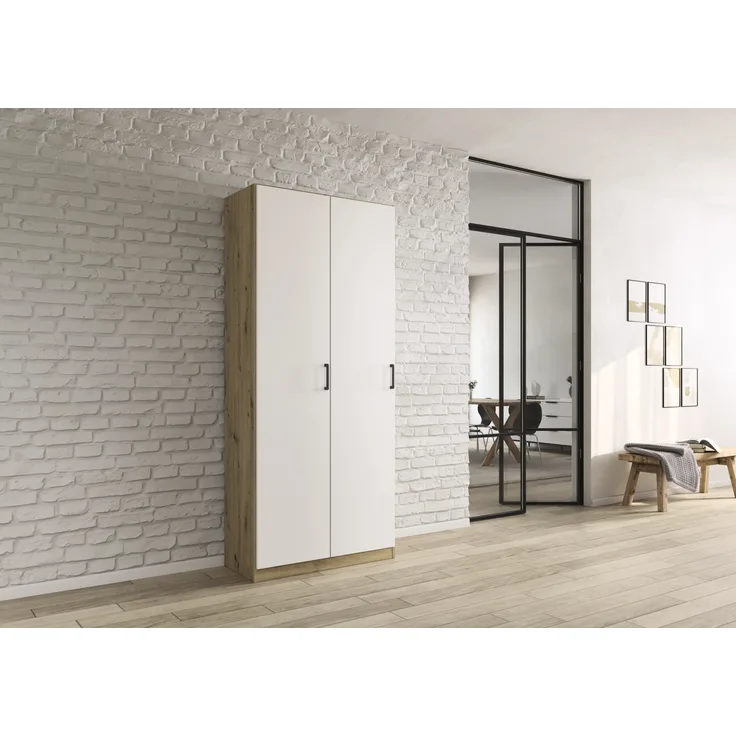rauch Allrounder, Garderobenschrank, Mehrzweckschrank, 2-türig, mit 4 Einlegeböden, Farbe Weiß/Eiche Artisan, BxHxT 91x210x41cm