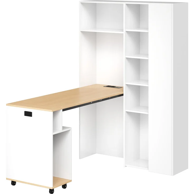 Klappbarer Schreibtisch mit Ablagen –2-in-1-Bücherregal und Schreibtisch, klappbar, mit Steckdose und USB-Anschluss, höhenverstellbare Ablagen, Kippschutz, weiß-Schreibtisch,Eck-Schreibtisch-rechts – Bild 10