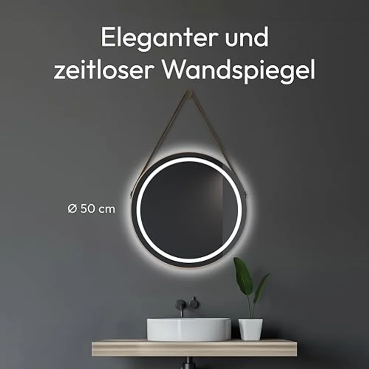 Talos LED Badspiegel CORVIA Shine, runder Spiegel Ø50 cm in matt Gold, feuchtraumgeeignet mit Aluminiumrahmen und hochwertigem Band in Lederoptik – Bild 5