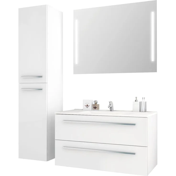 Sieper I Badmöbel Set Libato, Waschtisch mit Unterschrank 90x50 cm, Hochschrank und Badspiegel I Weiß