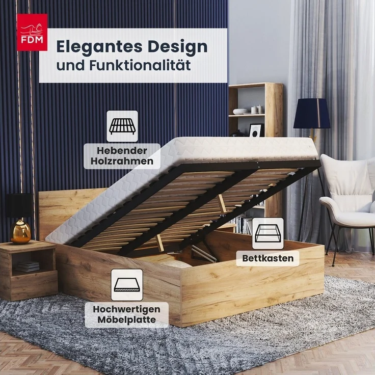 FDM Stauraumbett Bett Stauraumbett PANAMA SP Bettgestell 140x200 & weitere Größen (verfügbar 90x200 120x200 140x200 160x200 180x200cm, Bettrahmen, Bett, mit großen Kopfteil, mit Bettkasten zum aufklappen), mit/ohne Matratze – Bild 2