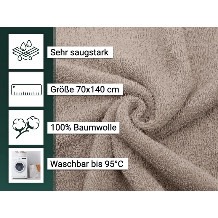 ZOLLNER 5er Set Duschtücher, 70x140 cm, 100% Baumwolle, Fango – Bild 3