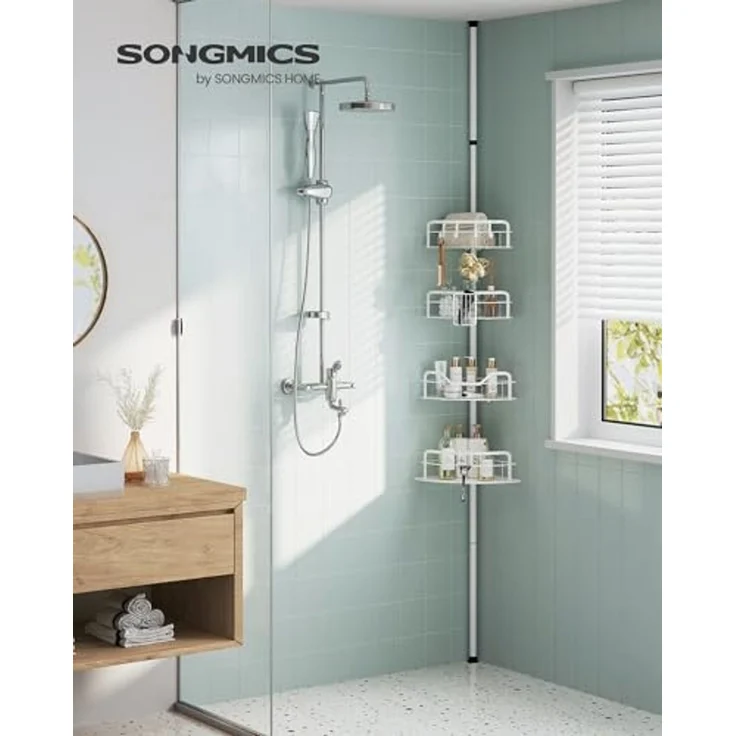 Songmics Duschregal mit 4 Ebenen, höhenverstellbar, ohne Bohren, Stahl wolkenweiß, 35 x 26,7 x (80-323) cm – Bild 3
