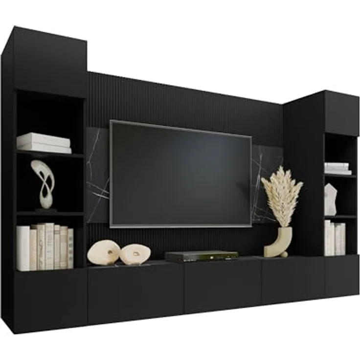 Mirjan24 Wohnwand, Schwarz, Holzwerkstoff in Marmor Optik, 260x150x38 cm, mit grifflosen System und Gasdruckfeder – Bild 1