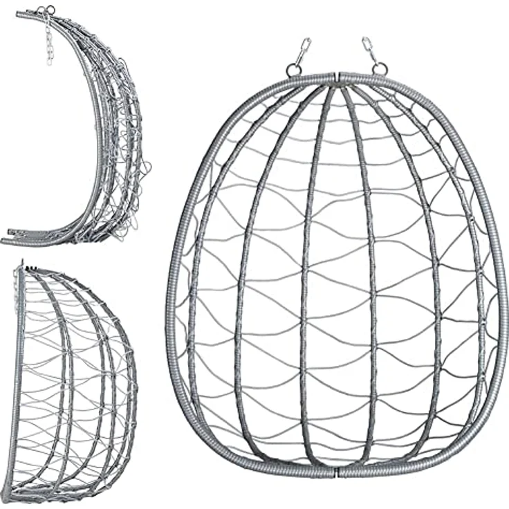 BAKAJI Hängesessel für den Garten, Schaukelstuhl, Hängematte für den Außenbereich, Gestell aus Metall, Nest aus Rattan und Seil + gepolstertes Sitzkissen und Kopfstütze, 198 x 110 x 95 cm (Grau) – Bild 4